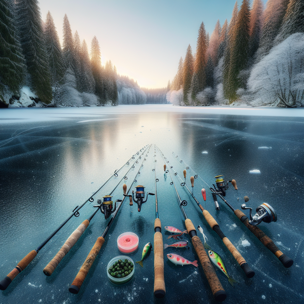 Clean frozen lake with fishing gear