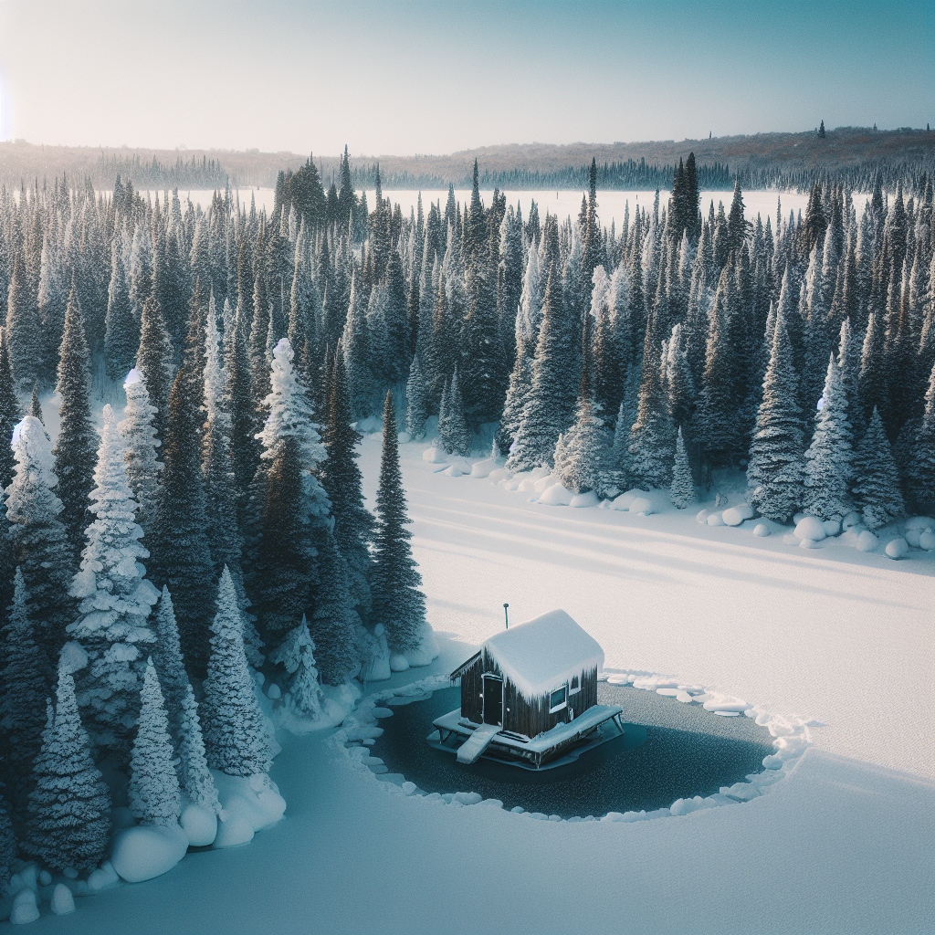 Winter ice fishing scene with a cozy fishing hut and snowy landscape