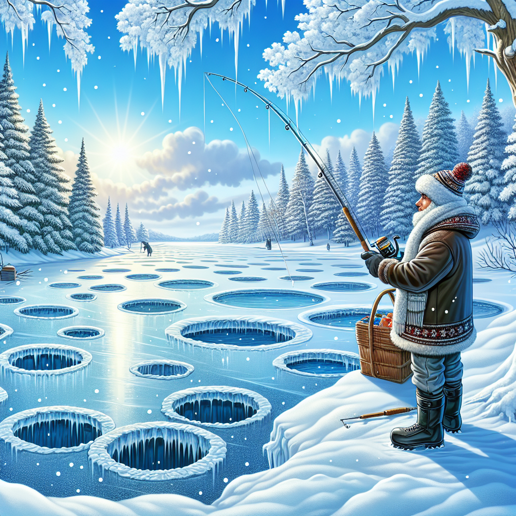 A scenic winter landscape with ice fishing holes and a person fishing