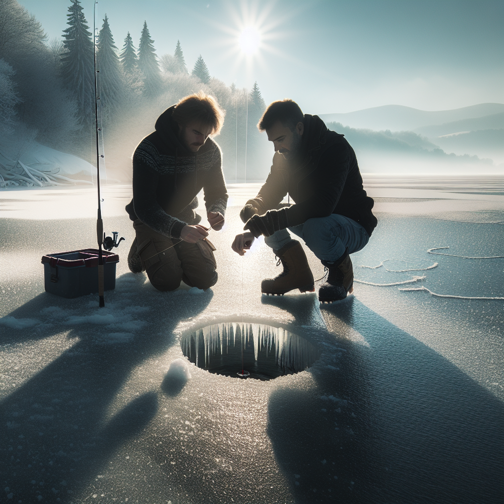 Two friends ice fishing together