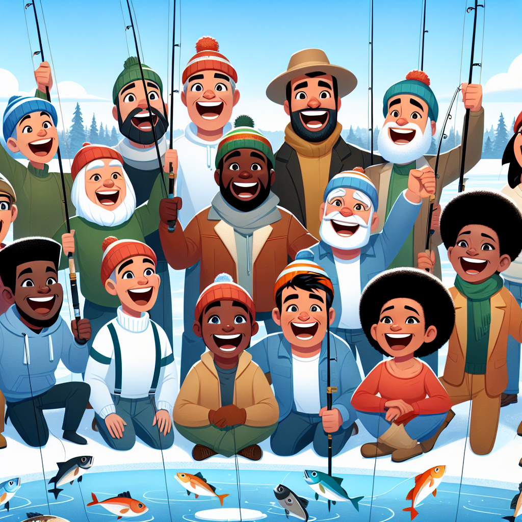 Happy group of ice fishermen enjoying a day on the ice